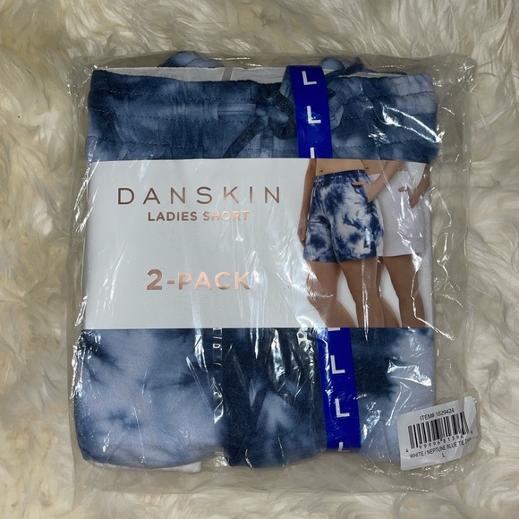 Danskin 2 Pack Soft Active Shorts Blue Tie Dye and White - Picture 10 of 11
